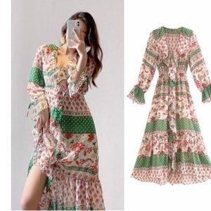 New Zara green Ruffled Printed Boho Dress